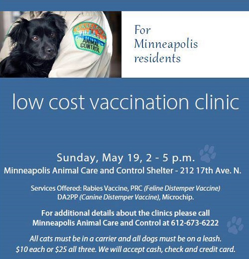 May 19, 2019, Sunday - Low-Cost Pet Vaccinations at Minneapolis Animal Care  and Control - Mill District Events - Minneapolis Riverfront Neighborhoods.